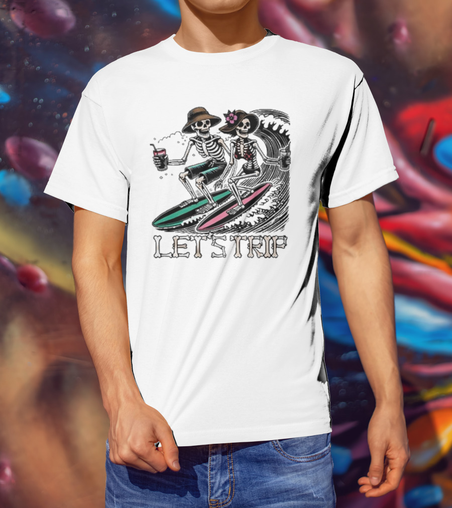 Let’s Trip Skeleton Surf Beach Vibes Retro Skeletons Surfing Waves T-Shirt