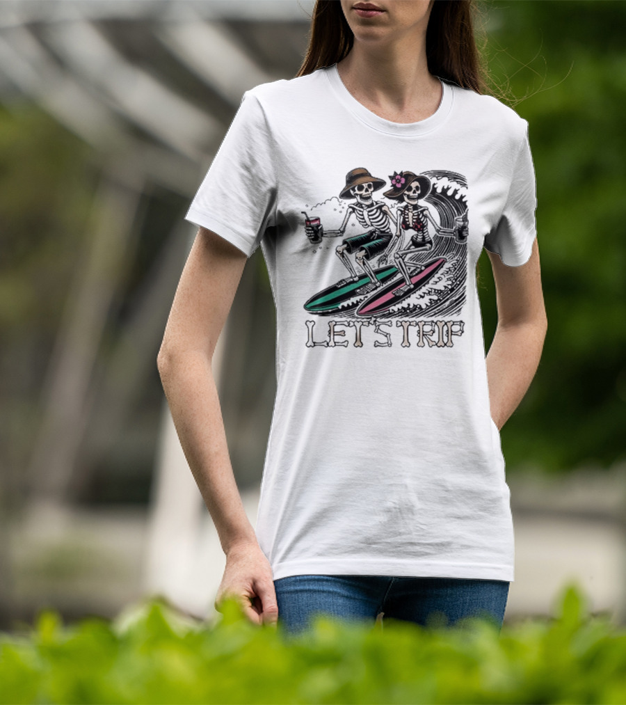 Let’s Trip Skeleton Surf Beach Vibes Retro Skeletons Surfing Waves T-Shirt