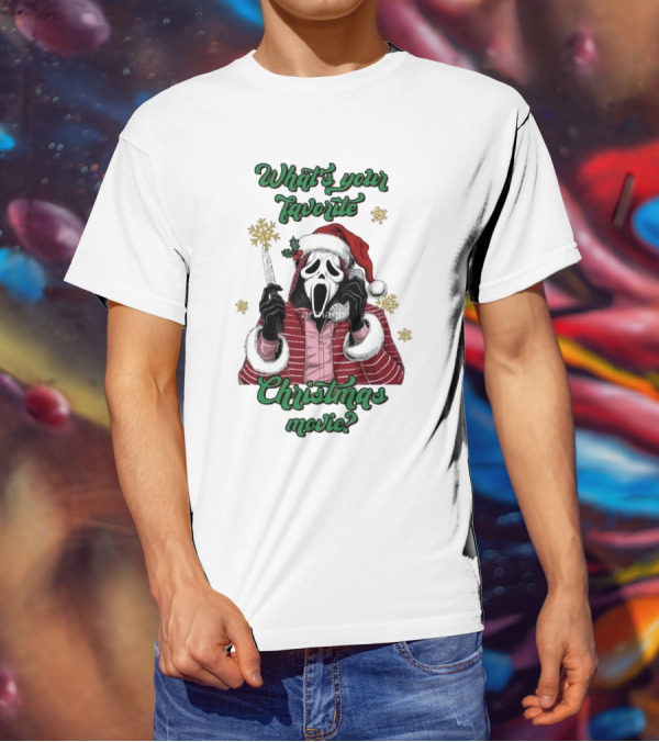 What’s Your Favorite Christmas Movie Santa Skeleton Ghost Face Costume T-Shirt