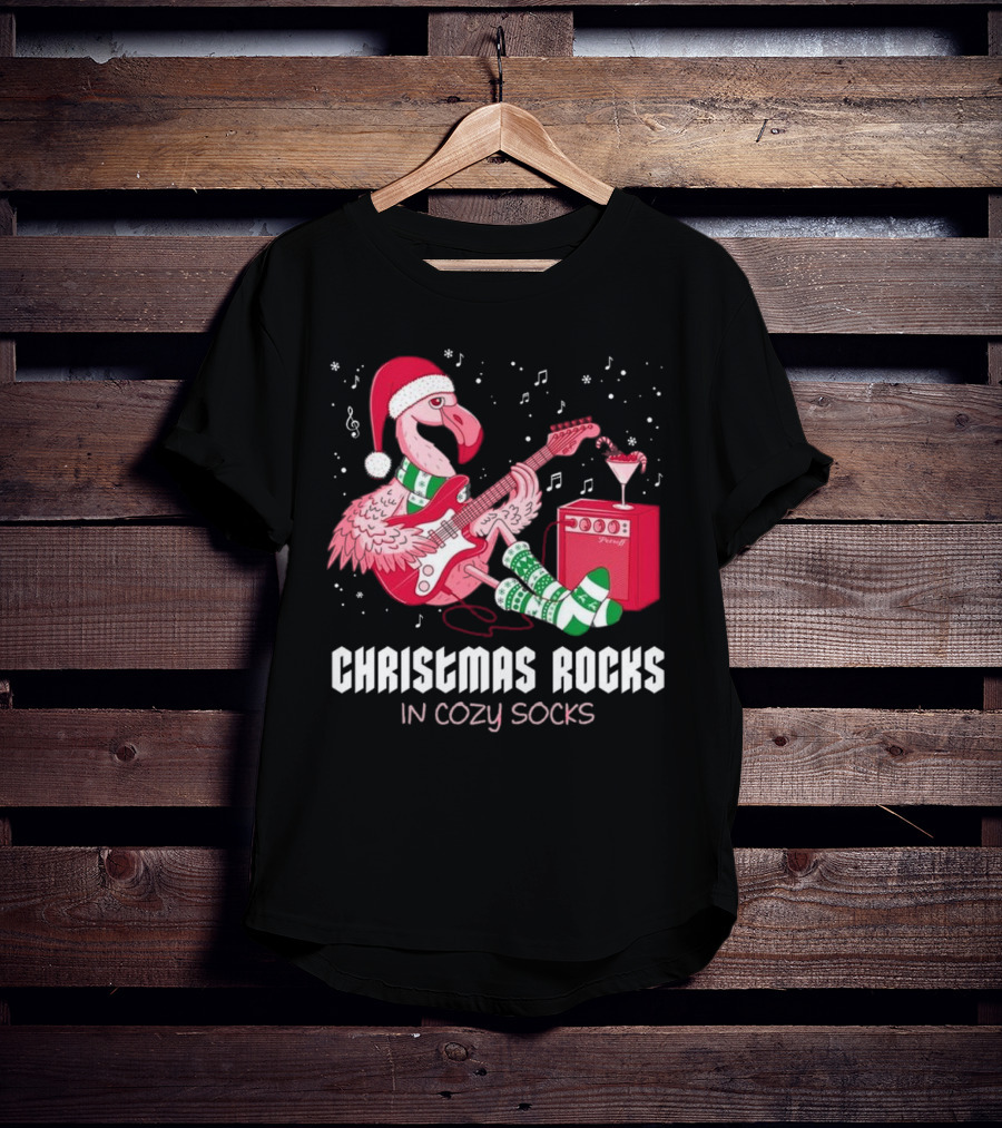 Christmas Rocks In Cozy Socks Flamingo Festive Vibes T-Shirt