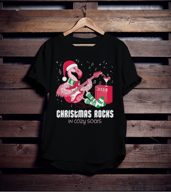 Christmas Rocks In Cozy Socks Flamingo Festive Vibes T-Shirt