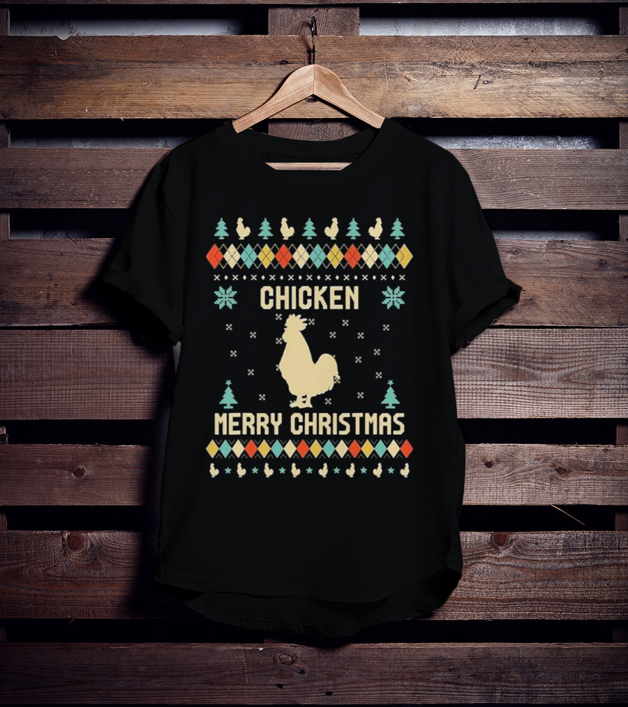 Chicken Merry Christmas Snowflakes Trees Ugly T-Shirt