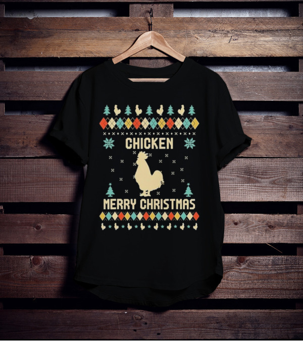 Chicken Merry Christmas Snowflakes Trees Ugly T-Shirt