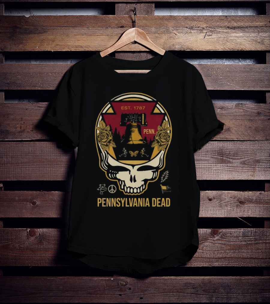 Pennsylvania Dead Est. 1787 Penn Skull With Liberty Bell And Roses T-Shirt
