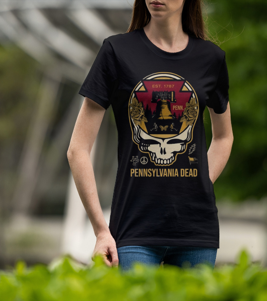Pennsylvania Dead Est. 1787 Penn Skull With Liberty Bell And Roses T-Shirt