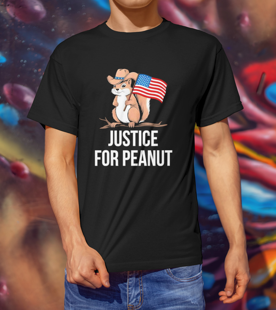 Justice For Peanut Squirrel Holding US Flag In Cowboy Hat T-Shirt