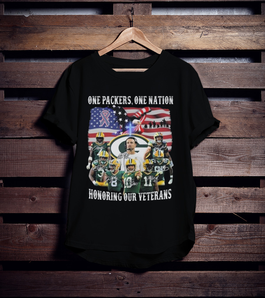One Packers One Nation Honoring Our Veterans Green Bay Packers Flag Signatures T-Shirt