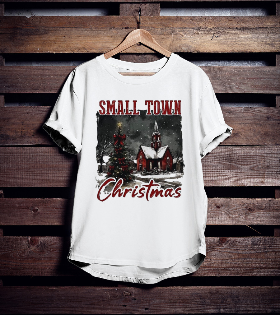 Vintage Retro Small Town Christmas Church Scene T-Shirt
