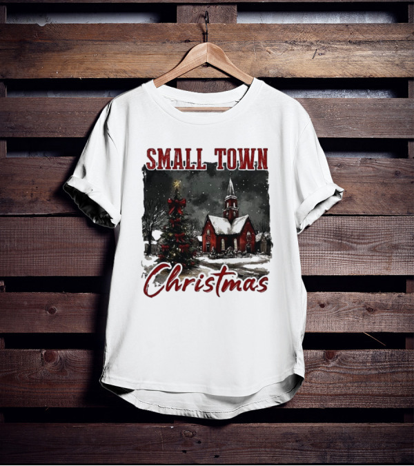 Vintage Retro Small Town Christmas Church Scene T-Shirt