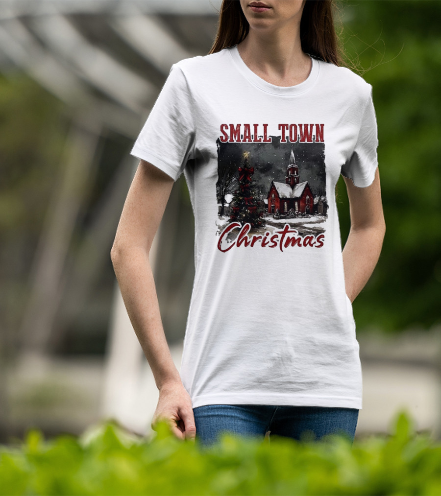 Vintage Retro Small Town Christmas Church Scene T-Shirt