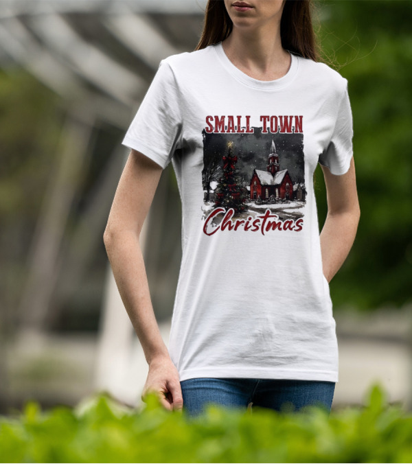 Vintage Retro Small Town Christmas Church Scene T-Shirt