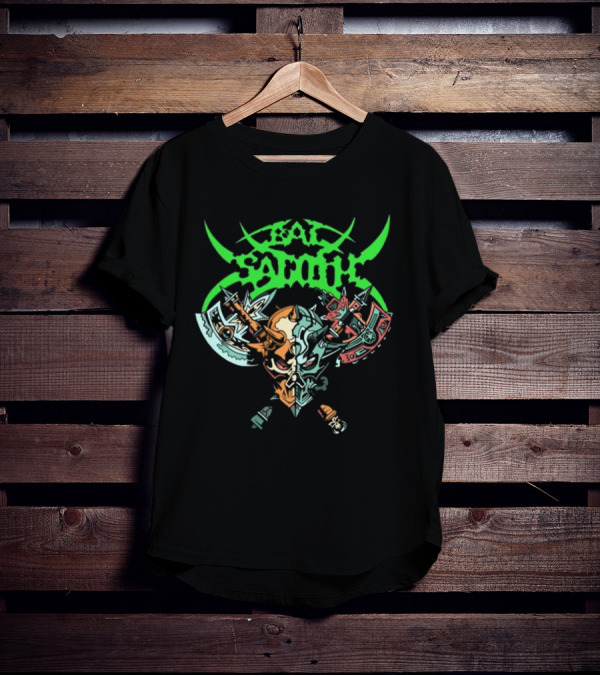 Bal-Sagoth Sigil Dual Skull With Swords And Axes Green And Red T-Shirt