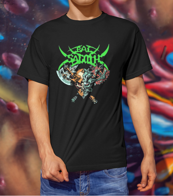 Bal-Sagoth Sigil Dual Skull With Swords And Axes Green And Red T-Shirt