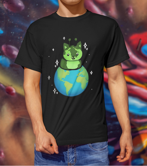 Cult Of Biscuit Alien Biscuit Cat Globe Stars T-Shirt