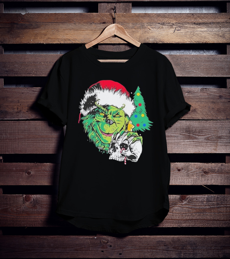 Grinch Santa Hat Skull Christmas Tree Scene T-Shirt