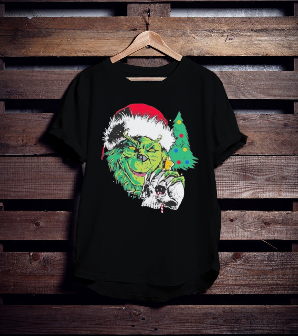 Grinch Santa Hat Skull Christmas Tree Scene T-Shirt
