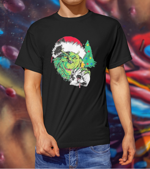 Grinch Santa Hat Skull Christmas Tree Scene T-Shirt