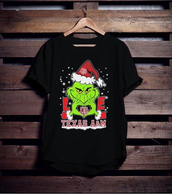 Grinch Heart Hands Love Texas A&M Aggies Christmas Santa Hat T-Shirt