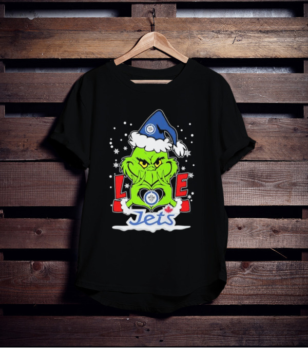 Grinch Heart Hands Love Winnipeg Jets Christmas Santa Hat Snowflakes T-Shirt