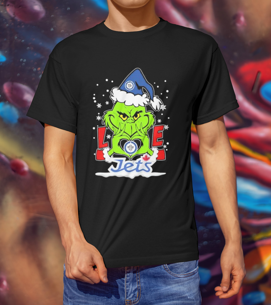 Grinch Heart Hands Love Winnipeg Jets Christmas Santa Hat Snowflakes T-Shirt