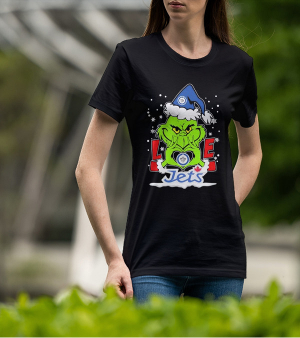 Grinch Heart Hands Love Winnipeg Jets Christmas Santa Hat Snowflakes T-Shirt