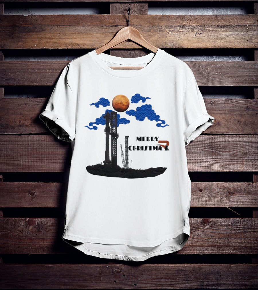 Merry Christmas Mars Rocket Mars Planet Blue Clouds T-Shirt