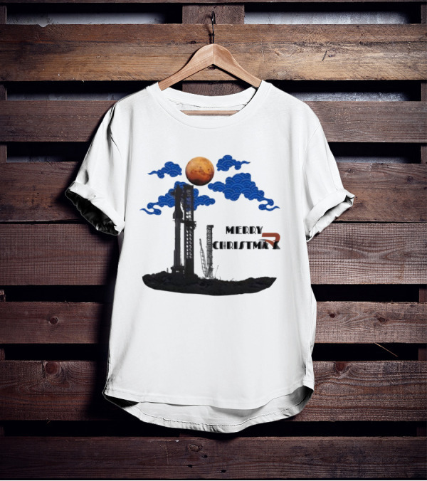 Merry Christmas Mars Rocket Mars Planet Blue Clouds T-Shirt