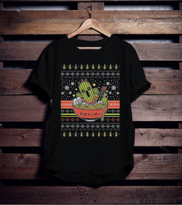 Cactuar Ramen Christmas Sweater Style With Snowflakes And Trees T-Shirt