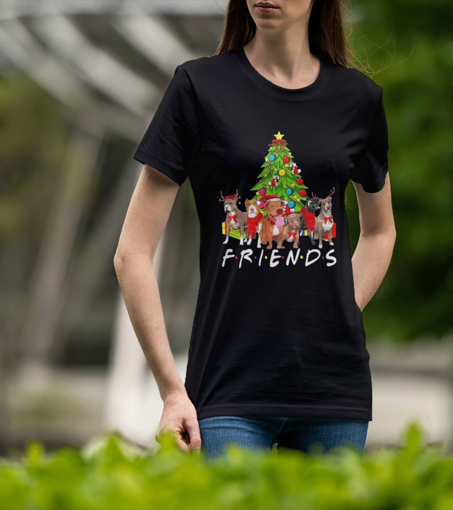 FRIENDS Christmas Tree With Pitbulls In Festive Scarf And Antlers T-Shirt
