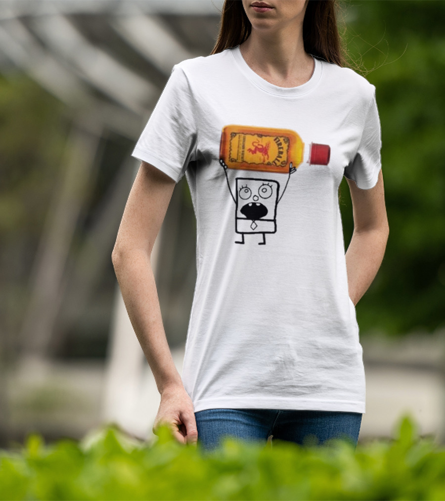 Doodlebob Fireball Whiskey Character Holding Iconic Liquor Bottle T-Shirt