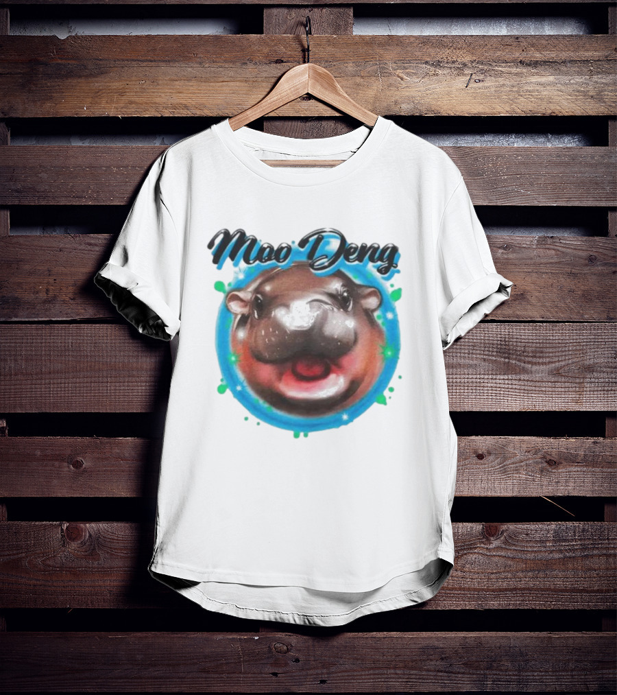 Moo Deng Cute Hippo Face With Blue Background T-Shirt