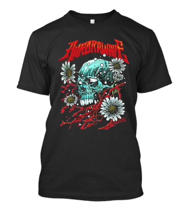Aurora Wave Skull With Flowers And Red Vines T-Shirt