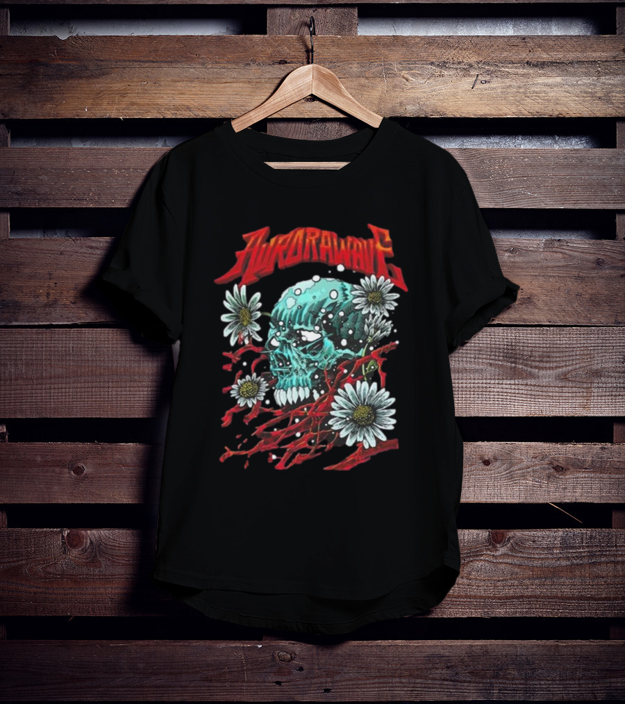 Aurora Wave Skull With Flowers And Red Vines T-Shirt
