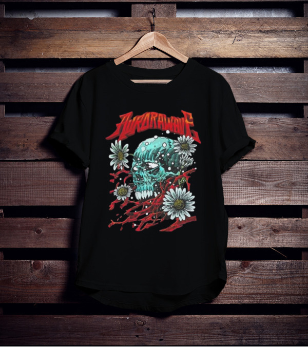 Aurora Wave Skull With Flowers And Red Vines T-Shirt