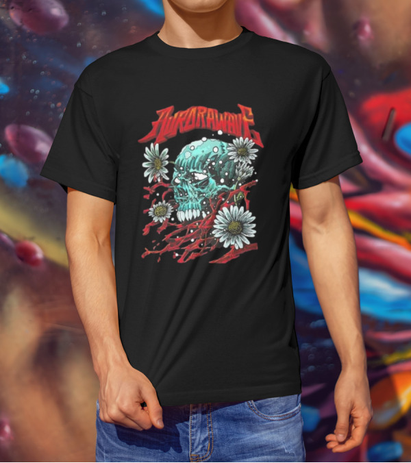 Aurora Wave Skull With Flowers And Red Vines T-Shirt