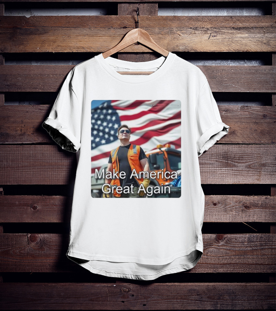 Make America Great Again Elon Musk In Orange Vest With American Flag Background T-Shirt