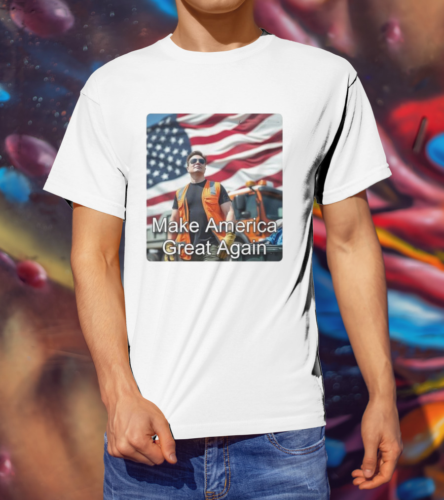 Make America Great Again Elon Musk In Orange Vest With American Flag Background T-Shirt