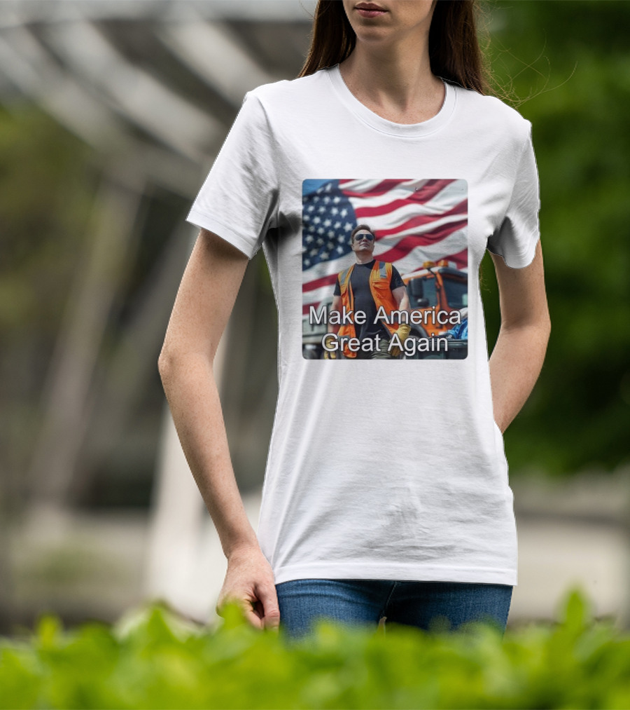 Make America Great Again Elon Musk In Orange Vest With American Flag Background T-Shirt