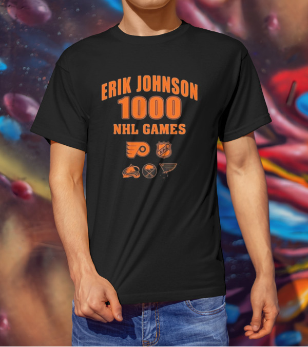 Erik Johnson 1000 NHL Games Philadelphia Flyers Colorado Avalanche Buffalo Sabres St. Louis Blues T-Shirt