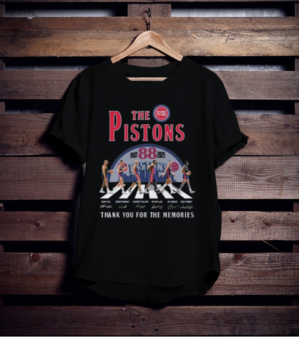 The Pistons 88 1937-2025 Thank You For The Memories Walking Signatures Grant Hill Dennis Rodman Chauncey Billups Ben Wallace Joe Dumars Isiah Thomas T-Shirt