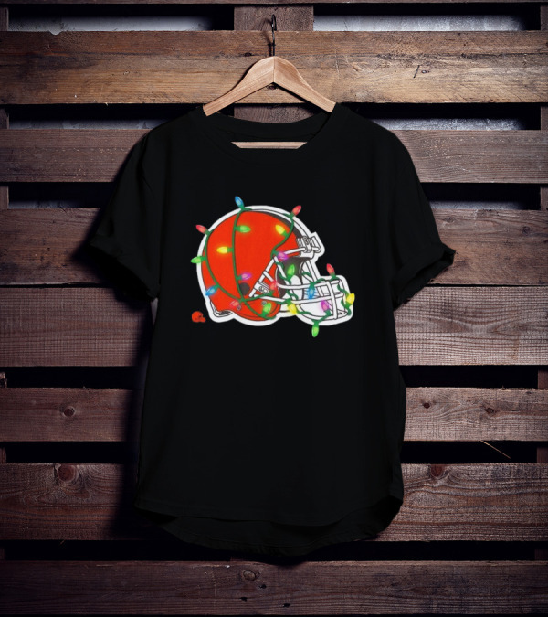 Cleveland Browns Helmet Wrapped In Holiday Lights T-Shirt
