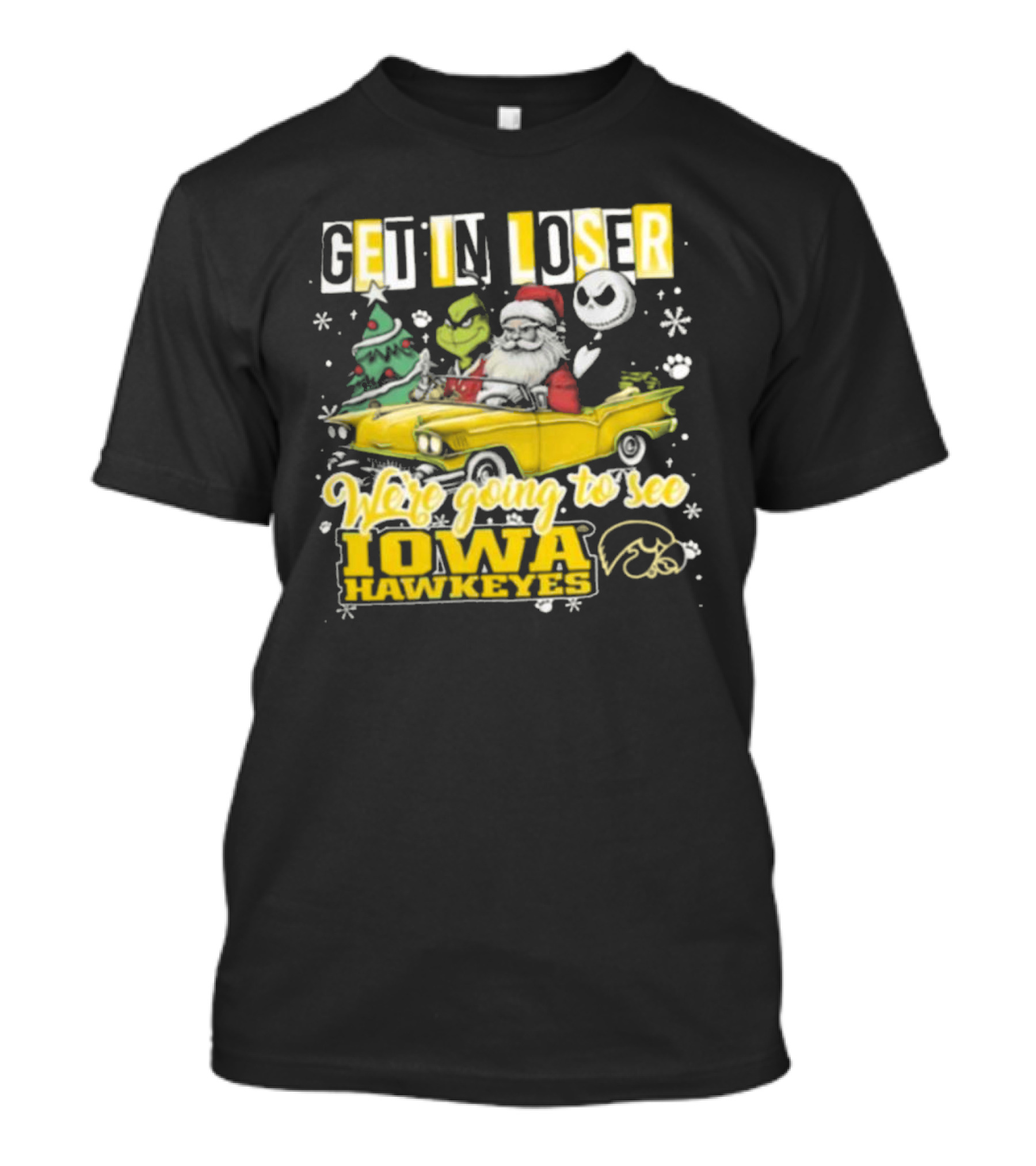 Get In Loser Santa Grinch Jack Skellington Driving To Iowa Hawkeyes Christmas T-Shirt