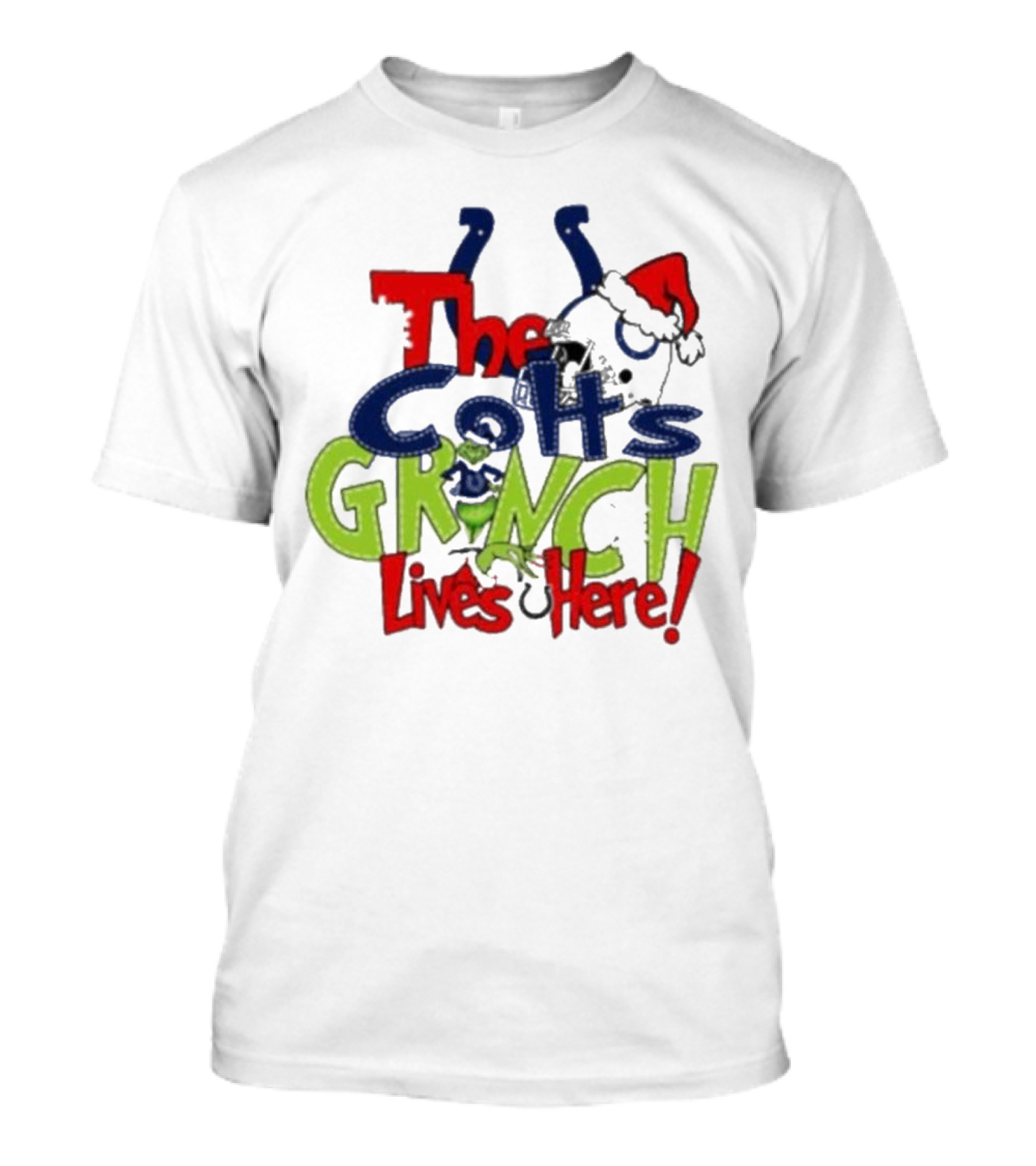 The Indianapolis Colts Grinch Lives Here Christmas Santa Hat T-Shirt