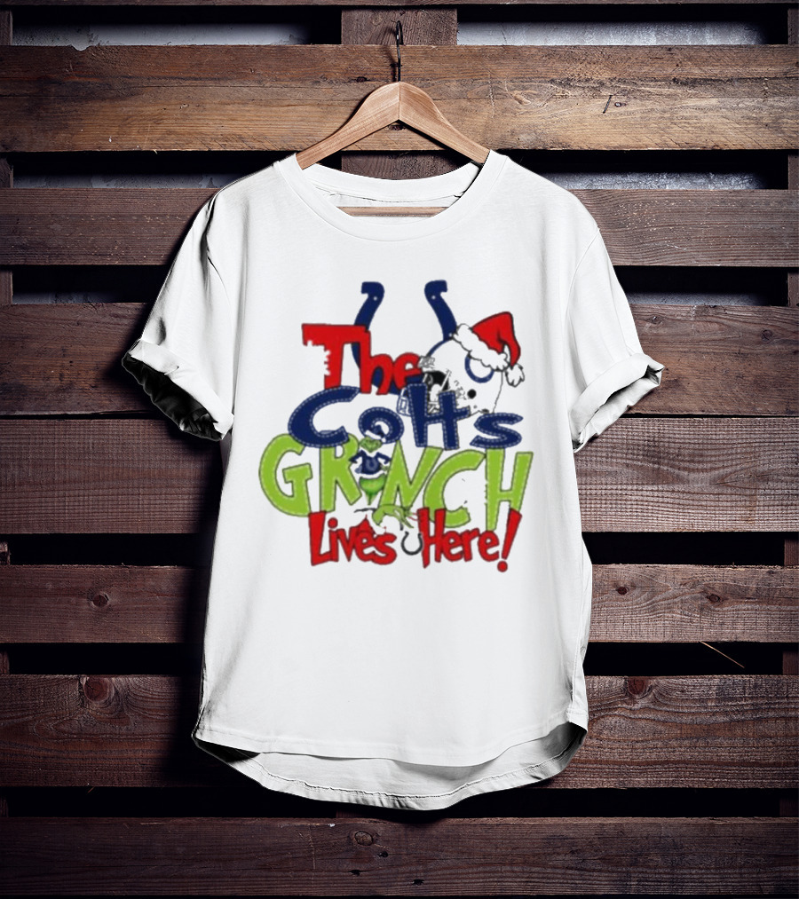 The Indianapolis Colts Grinch Lives Here Christmas Santa Hat T-Shirt