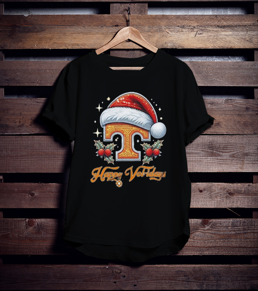 Happy Vol-idays Santa Hat T With Holly And Stars T-Shirt