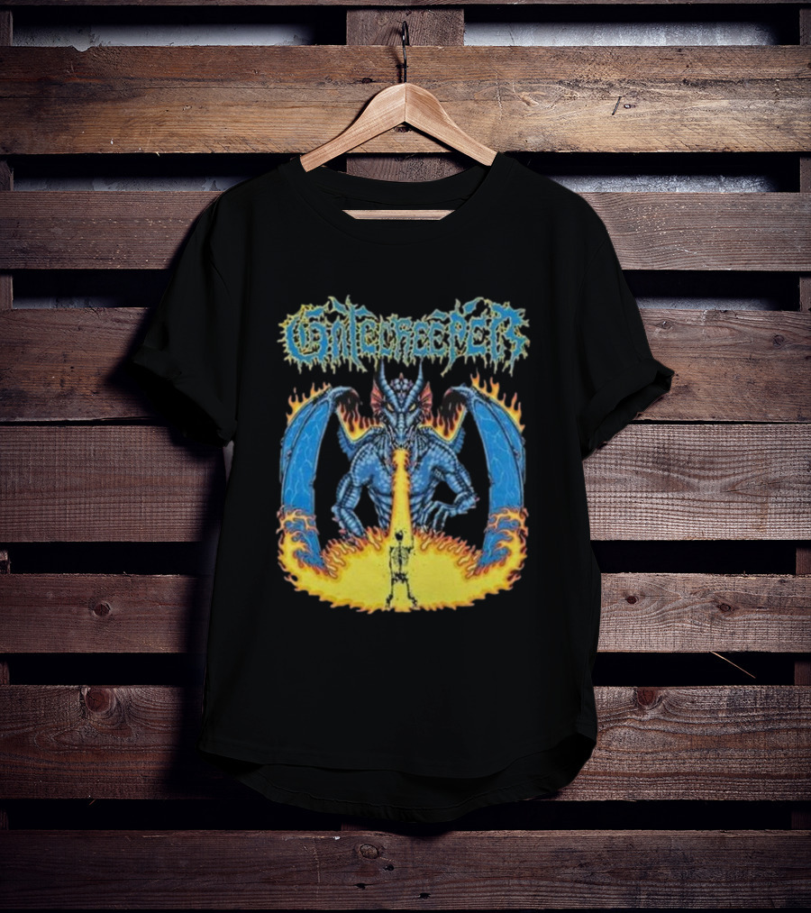 Gatecreeper Blue Dragon Breathing Fire With Fiery Surroundings T-Shirt