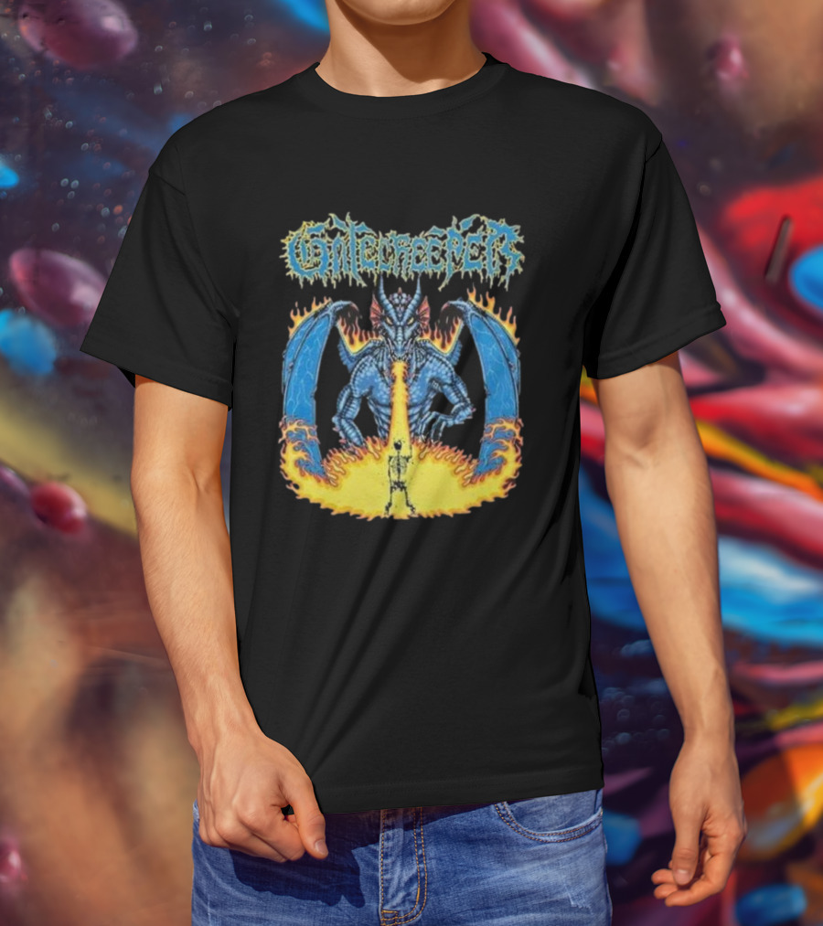Gatecreeper Blue Dragon Breathing Fire With Fiery Surroundings T-Shirt