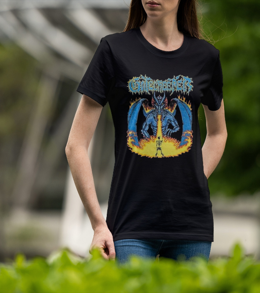 Gatecreeper Blue Dragon Breathing Fire With Fiery Surroundings T-Shirt