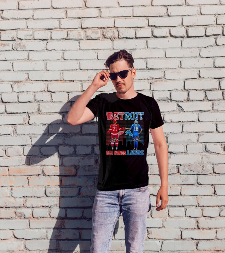 Larkin 71 Detroit Red Wings Goff 16 Detroit Lions Signature Collaboration T-Shirt
