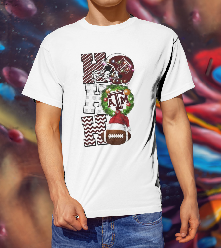 Texas A M Aggies Football Christmas Ho Ho Ho ATM Helmet Wreath Football T-Shirt